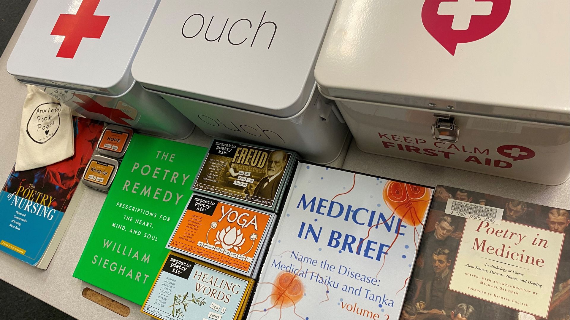 A photo of some of the items that will be on display for National Poetry Month at WongAvery Library.